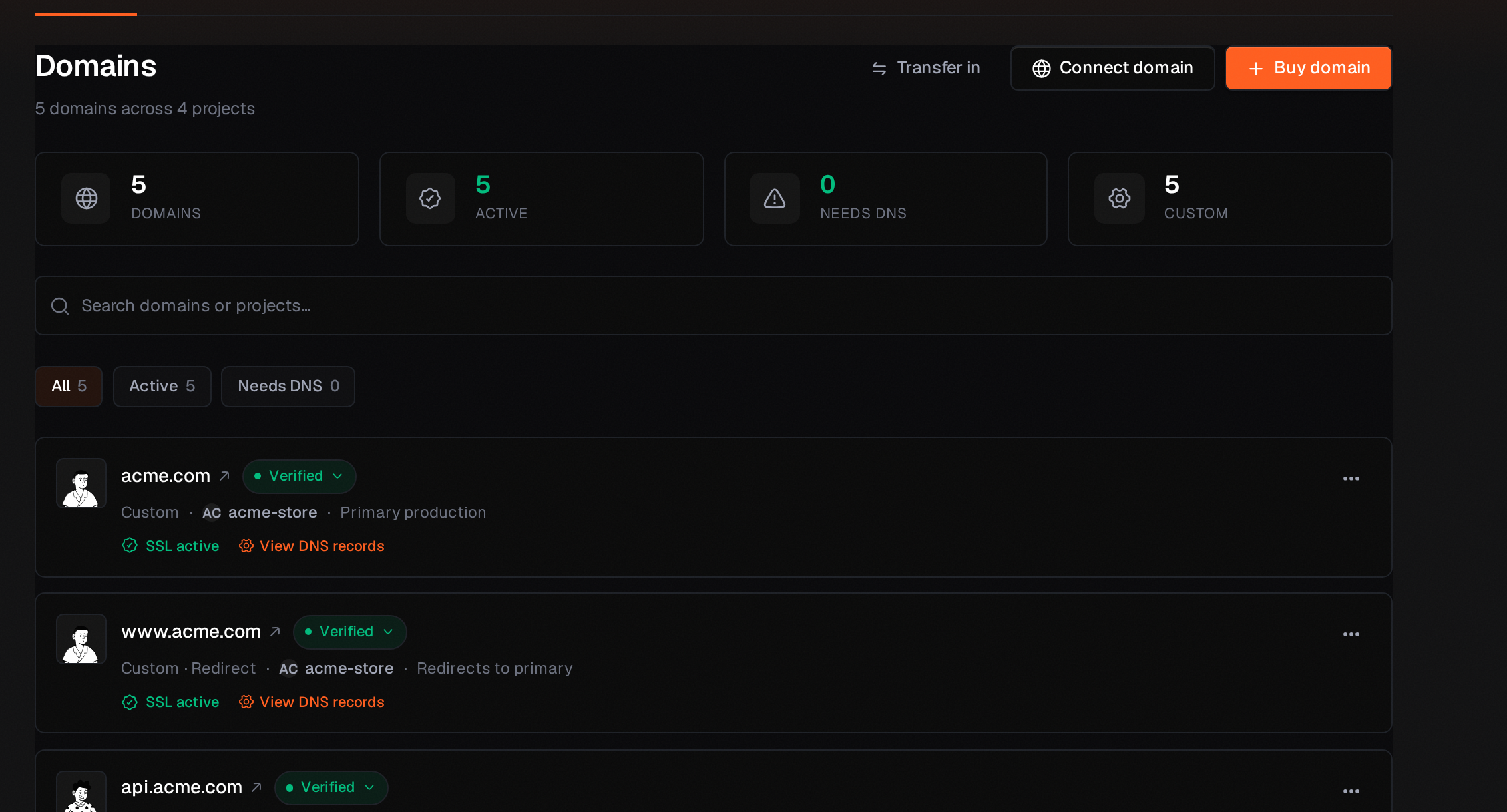 Orizon dashboard — Domains & SSL