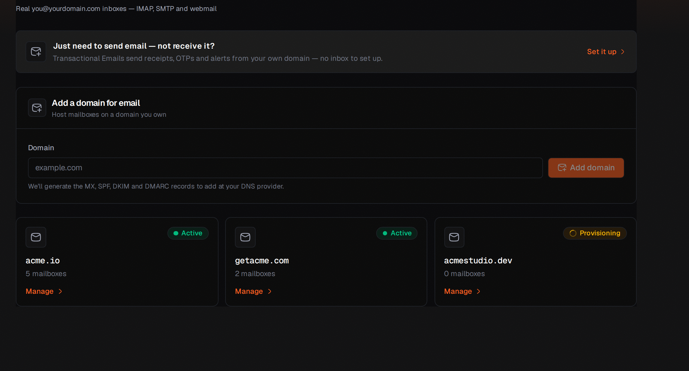 Orizon dashboard — Mail at your domain